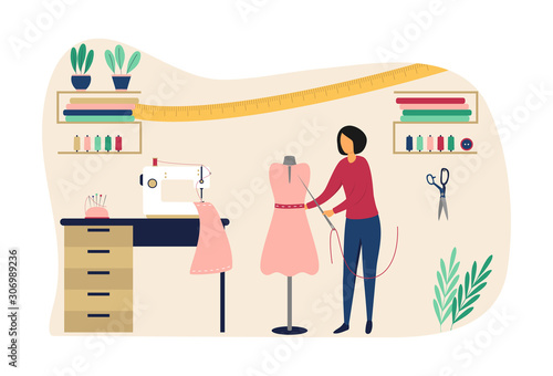 The concept of a fashionable studio. A seamstress woman sews an elegant dress to order with a needle and thread. Workplace of designer, mannequin, sewing machine, scissors. Flat vector illustration