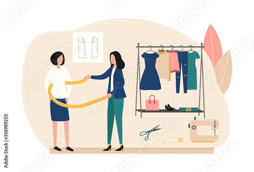 Atelier work concept. A female designer measures a client for tailoring fashionable clothes. Workplace of a seamstress, sewing machine, centimeter, scissors, pin, pattern. Flat vector illustration