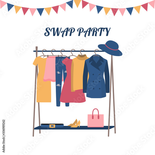 Swap party word banner. Garment, sale, fashion, clothing donation. Dresses, skirt, jeans, sweater, hat, shoes, women’s handbag, garlands. Flat vector illustration isolated on white background.