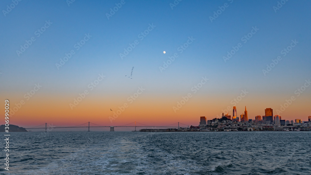 Gold sunset over San Francisco Bay with full moon and birds