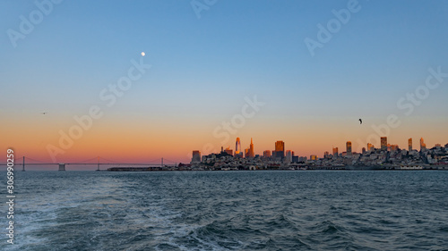 Gold sunset over San Francisco Bay with full moon and birds © Nicolas VINCENT