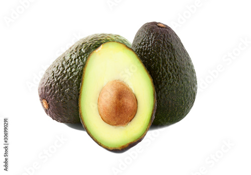 Brown avocado with avocado leaves on a white background. Variety of avocado - Lamb Hass.
