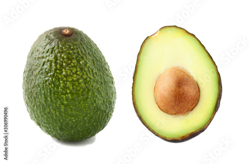 Avocado and slice isolated on white background. One slice with core. Design element for product label.