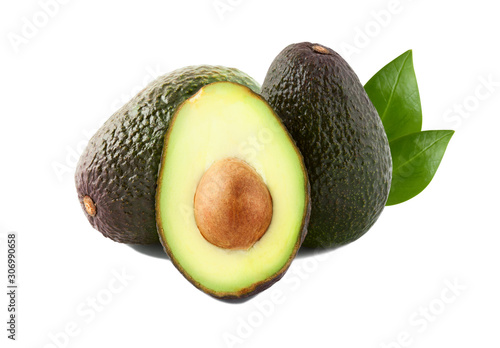 Billede på lærred Brown avocado with avocado leaves on a white background