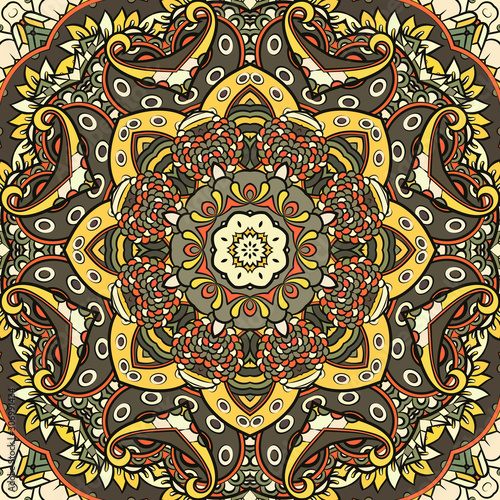 Seamless tracery tile mehndi design. Ethnic ornament, colorful doodle symmetry texture. Folk traditional spiritual tribal design. Curved doodling motif. Color art. Vector
