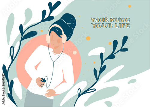 Young woman listening music and dancing. Pastel colored vector illustration