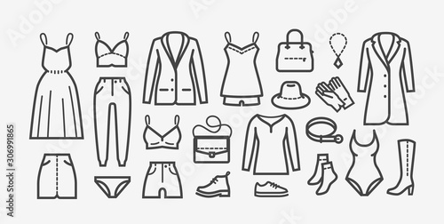 Clothing icon set in linear style. Shopping, fashion vector illustration