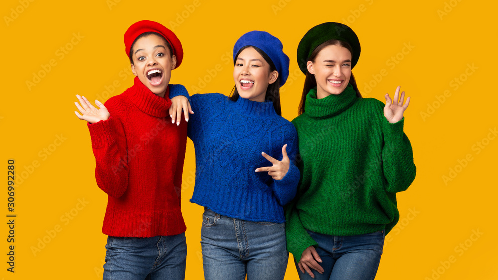 Three Multiethnic Girls Having Fun, Studio Shot, Panorama Three Multiethnic Girls Having Fun, Studio Shot, Panorama