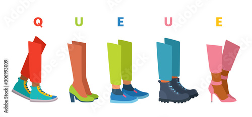 People stand in a line. Queue, waiting. Shoes on feet. 