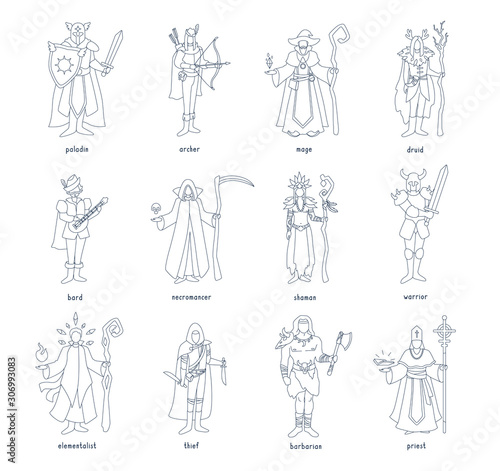 RPG characters classes. Roleplaying game. Armed heroes in costumes. Vector illustration isolated on white background.