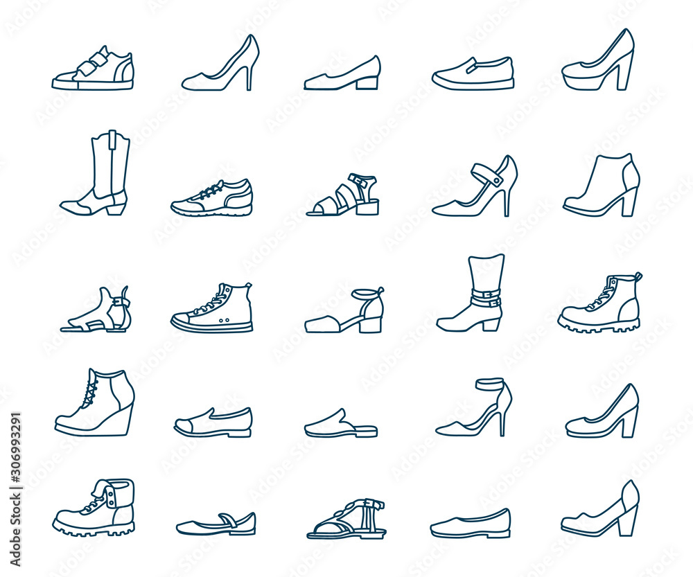 Fototapeta premium Various shoe design. Outline icons set. Sneakers, loafers, sandals, ballet shoes, cowboy boots, pumps.