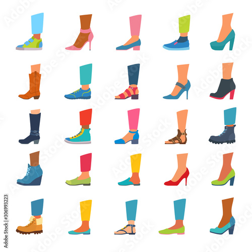 Various shoes with feet. Sneakers, loafers, sandals, ballet pumps, cowboy boots.