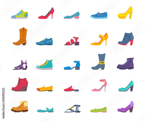Various shoe design. Colorful icons set. Sneakers, loafers, sandals, ballet pumps, cowboy boots.