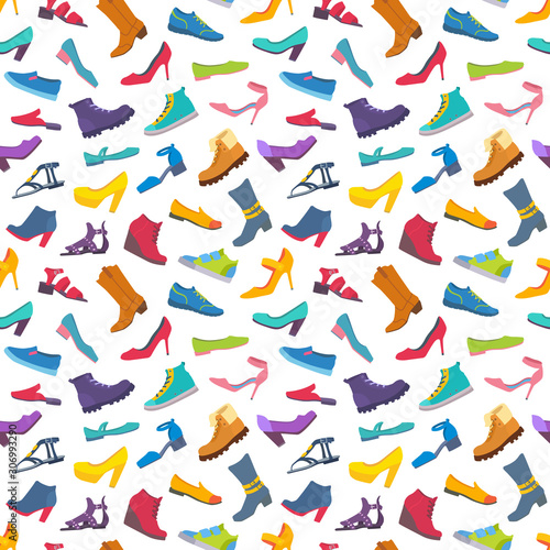 Seamless pattern. Various styles of shoes.
