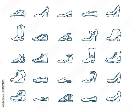 Various shoe design. Outline icons set. Sneakers, loafers, sandals, ballet shoes, cowboy boots, pumps.