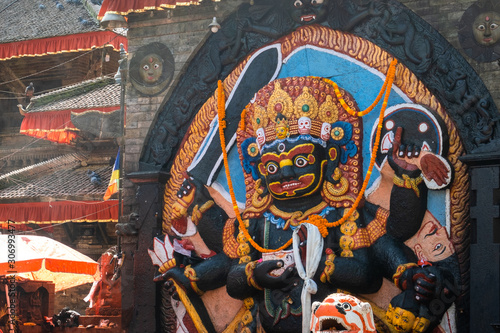 Kal Bhairav statue at Durbar Square in Kathmandu, Nepal. Hindu tantric deity worshiped by Hindus. In Shaivism, the brutal manifestation of Shiva associated with the destruction