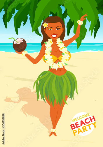 Beautiful Hawaiian girl with a flower garland around her neck standing at the beach.
