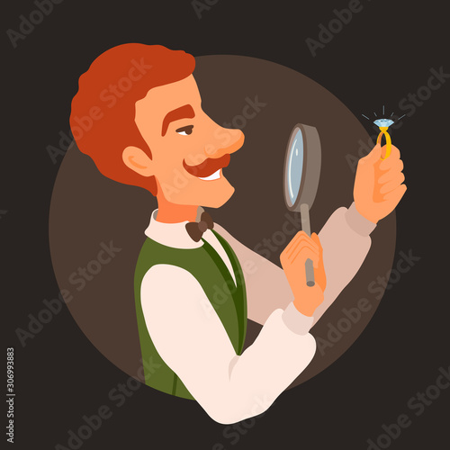 A jeweler in a vest and a bowtie. The appraiser looks at the ring with a glossy jewel through a magnifying glass, smiling.
