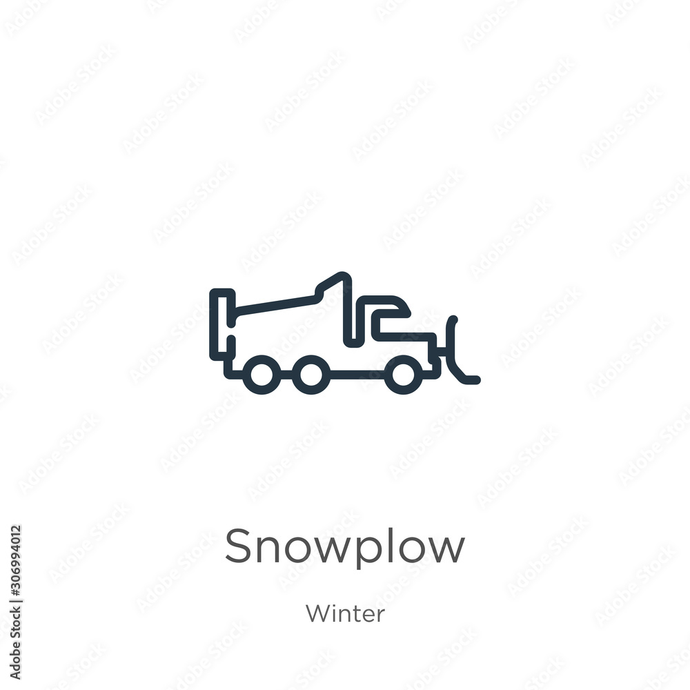 Snowplow icon. Thin linear snowplow outline icon isolated on white background from winter collection. Line vector snowplow sign, symbol for web and mobile