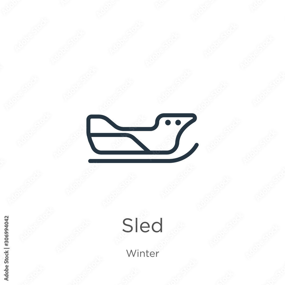 Sled icon. Thin linear sled outline icon isolated on white background from winter collection. Line vector sled sign, symbol for web and mobile Sled icon. Thin linear sled outline icon isolated on white background from winter collection. Line vector sled sign, symbol for web and mobile