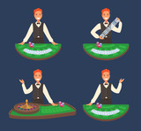 A casino dealer stands in front of a blackjack table, roulette. A male worker in elegant clothes: vest, bowtie.