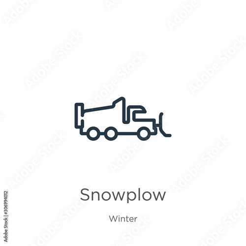 Snowplow icon. Thin linear snowplow outline icon isolated on white background from winter collection. Line vector snowplow sign, symbol for web and mobile