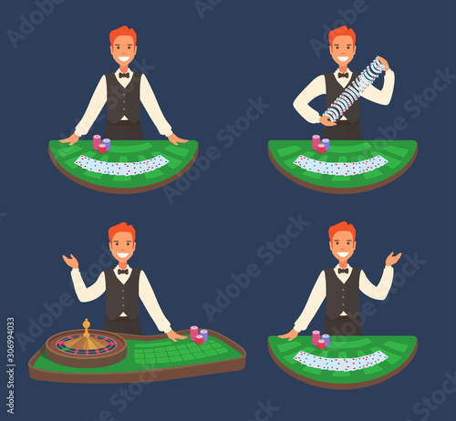 A casino dealer stands in front of a blackjack table, roulette. A male worker in elegant clothes: vest, bowtie.