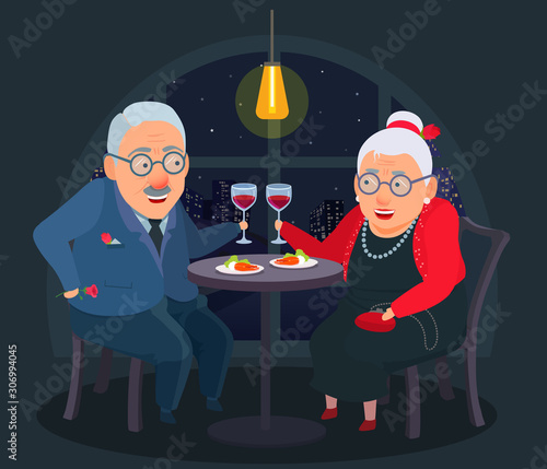 An elderly couple in a restaurant. Holiday, anniversary, event celebrating.