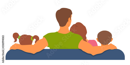 Family sitting on a sofa together, watching tv, resting. View from the back.