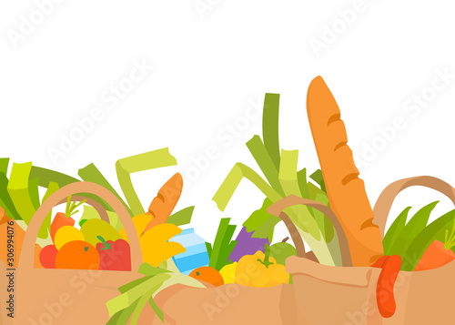 Groceries in paper bags. Design for the bottom of the page.
