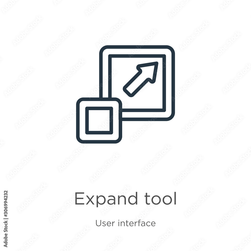 Expand tool icon. Thin linear expand tool outline icon isolated on white background from user interface collection. Line vector expand tool sign, symbol for web and mobile Expand tool icon. Thin linear expand tool outline icon isolated on white background from user interface collection. Line vector expand tool sign, symbol for web and mobile