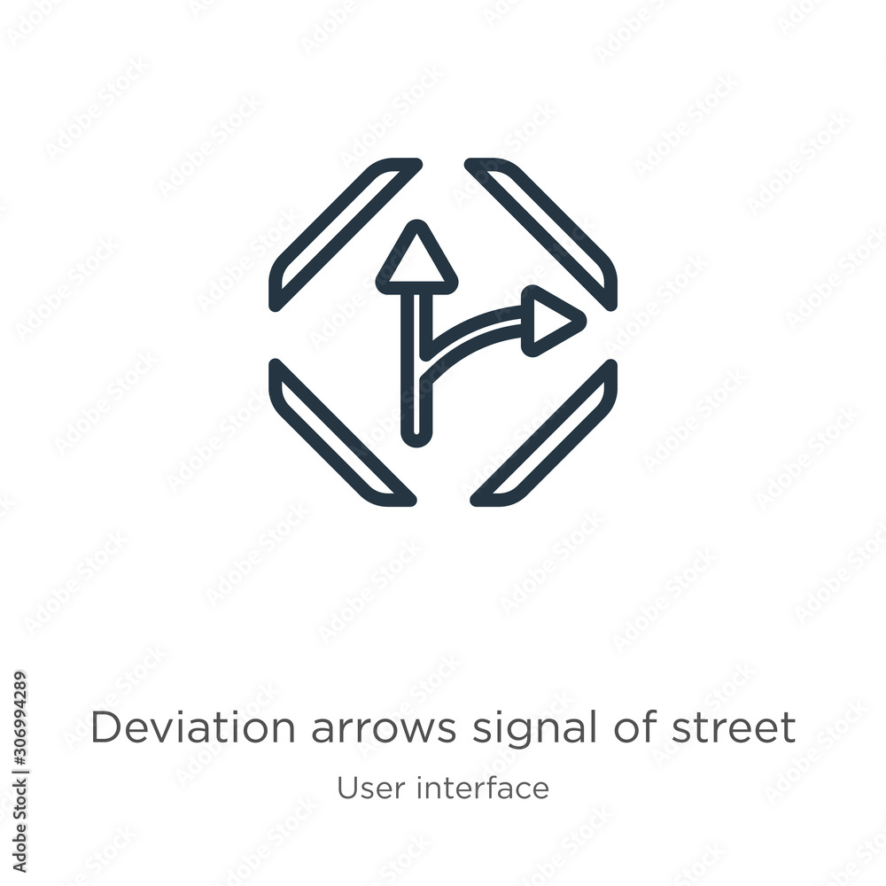 Deviation arrows signal of street icon. Thin linear deviation arrows signal of street outline icon isolated on white background from user interface collection. Line vector deviation arrows signal of Deviation arrows signal of street icon. Thin linear deviation arrows signal of street outline icon isolated on white background from user interface collection. Line vector deviation arrows signal of