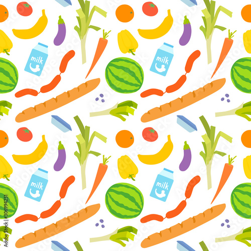 Groceries seamless pattern. Carrot, eggplant, leek, bell pepper, milk, sausage. 