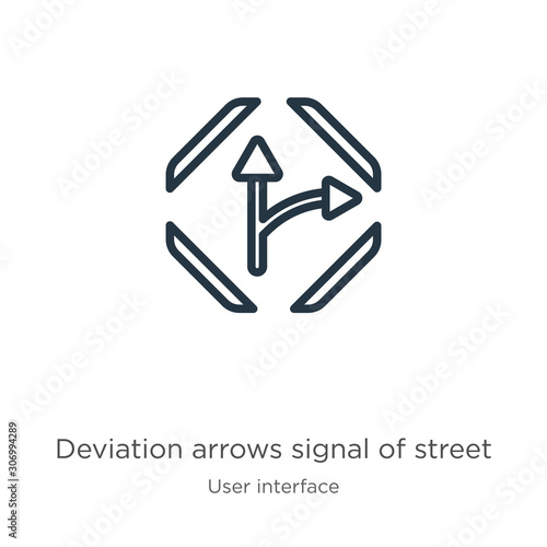 Deviation arrows signal of street icon. Thin linear deviation arrows signal of street outline icon isolated on white background from user interface collection. Line vector deviation arrows signal of