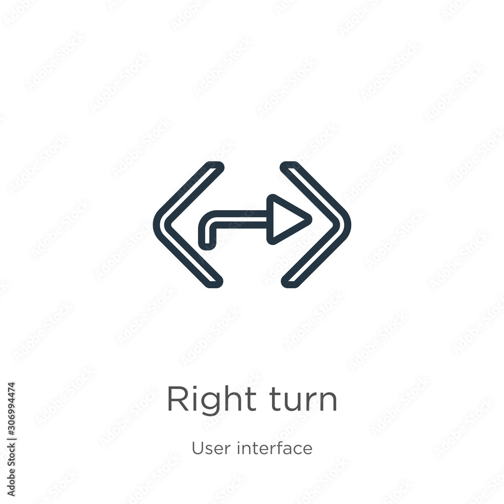 Right turn icon. Thin linear right turn outline icon isolated on white background from user interface collection. Line vector right turn sign, symbol for web and mobile Right turn icon. Thin linear right turn outline icon isolated on white background from user interface collection. Line vector right turn sign, symbol for web and mobile