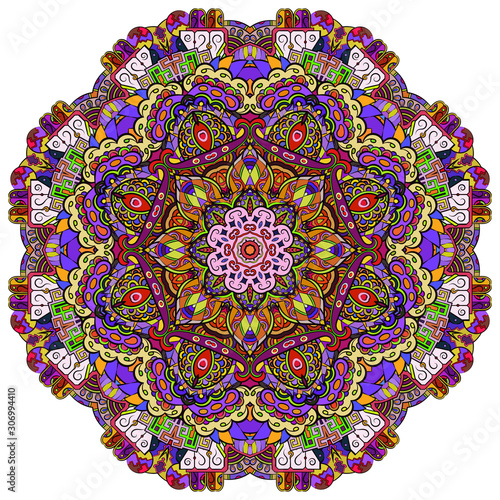 Mandala, tracery wheel mehndi design. Ethnic ornament, colorful doodle symmetry texture. Folk traditional spiritual tribal design.  Curved shape, isolated on white. Color art. Vector