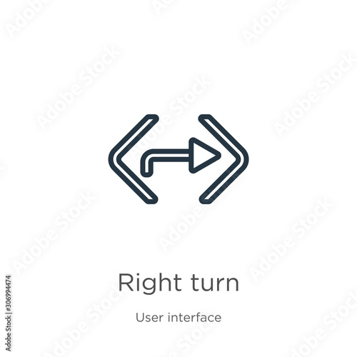 Right turn icon. Thin linear right turn outline icon isolated on white background from user interface collection. Line vector right turn sign, symbol for web and mobile