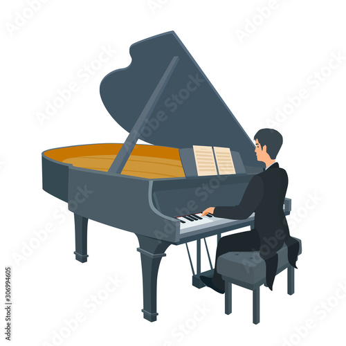Young pianist sitting at the piano in black attire, hand over the keys. Artist performing.