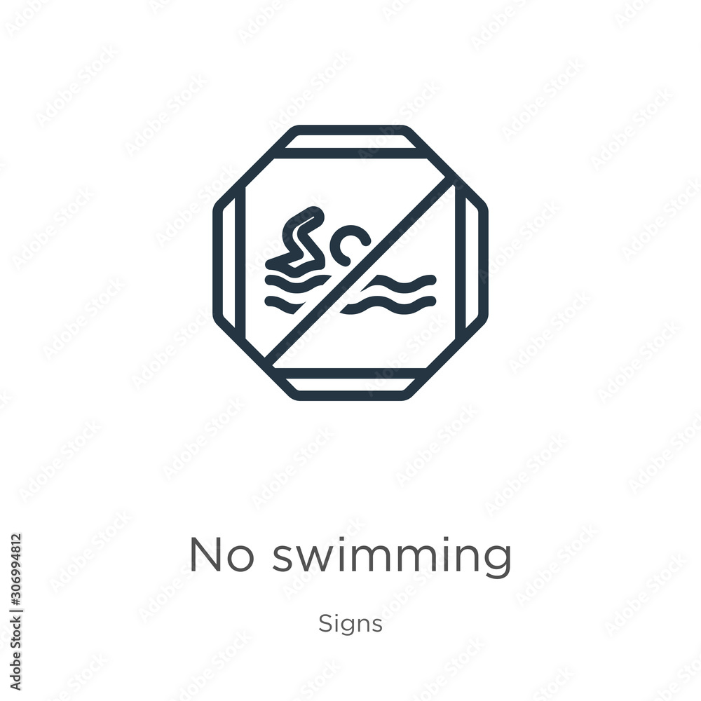 No swimming icon. Thin linear no swimming outline icon isolated on white background from signs collection. Line vector no swimming sign, symbol for web and mobile No swimming icon. Thin linear no swimming outline icon isolated on white background from signs collection. Line vector no swimming sign, symbol for web and mobile