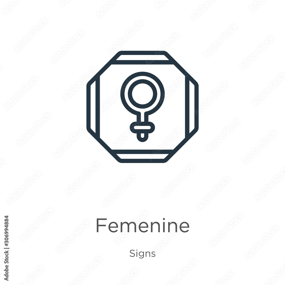 Femenine icon. Thin linear femenine outline icon isolated on white background from signs collection. Line vector femenine sign, symbol for web and mobile Femenine icon. Thin linear femenine outline icon isolated on white background from signs collection. Line vector femenine sign, symbol for web and mobile