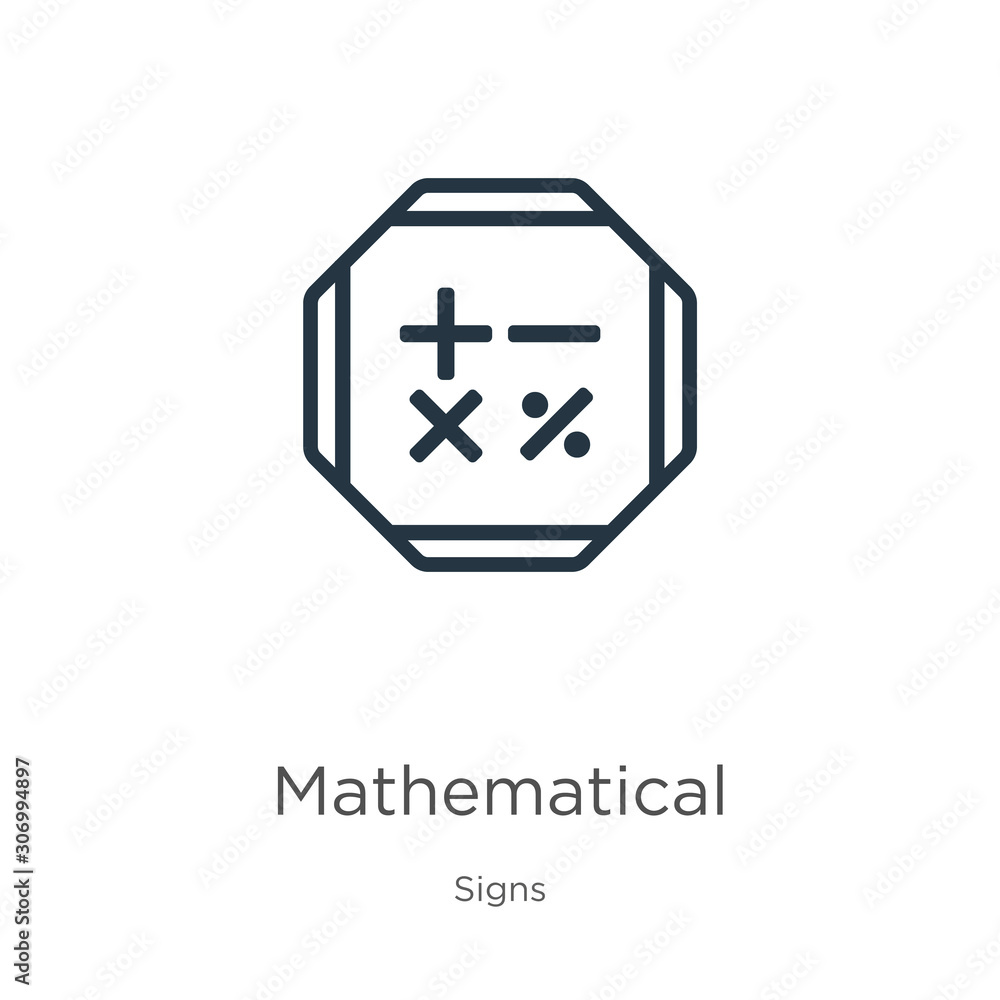 Mathematical symbols icon. Thin linear mathematical symbols outline icon isolated on white background from signs collection. Line vector mathematical symbols sign, symbol for web and mobile Mathematical symbols icon. Thin linear mathematical symbols outline icon isolated on white background from signs collection. Line vector mathematical symbols sign, symbol for web and mobile