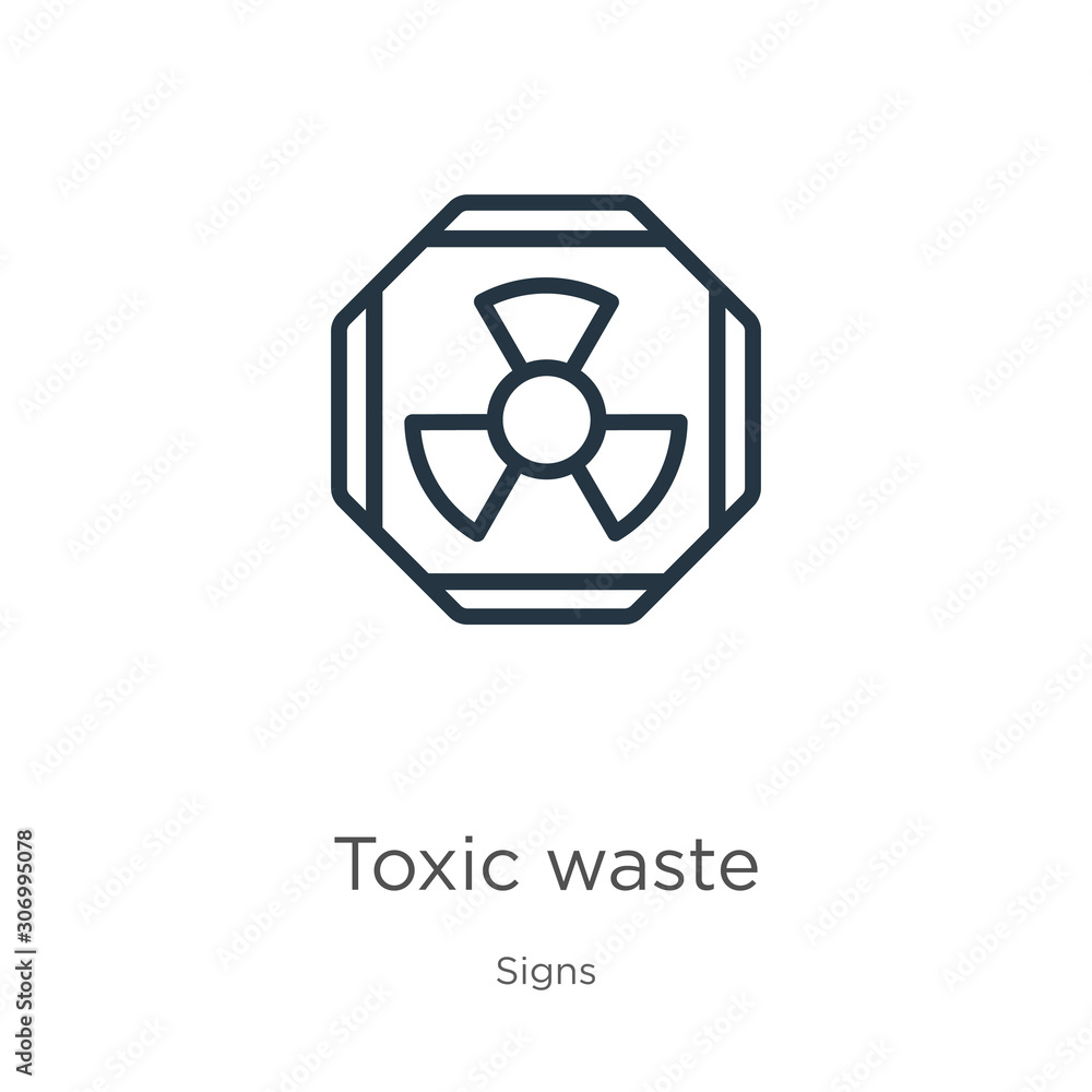 Toxic waste icon. Thin linear toxic waste outline icon isolated on white background from signs collection. Line vector toxic waste sign, symbol for web and mobile Toxic waste icon. Thin linear toxic waste outline icon isolated on white background from signs collection. Line vector toxic waste sign, symbol for web and mobile