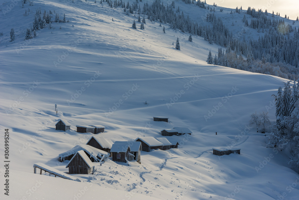 Wonderful morning in the mountainous valleys with houses in the Ukrainian Carpathians. Wonderful morning in the mountainous valleys with houses in the Ukrainian Carpathians.
