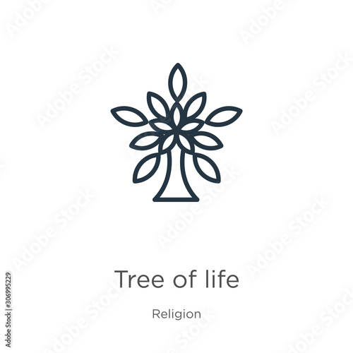 Tree of life icon. Thin linear tree of life outline icon isolated on white background from religion collection. Line vector tree of life sign, symbol for web and mobile