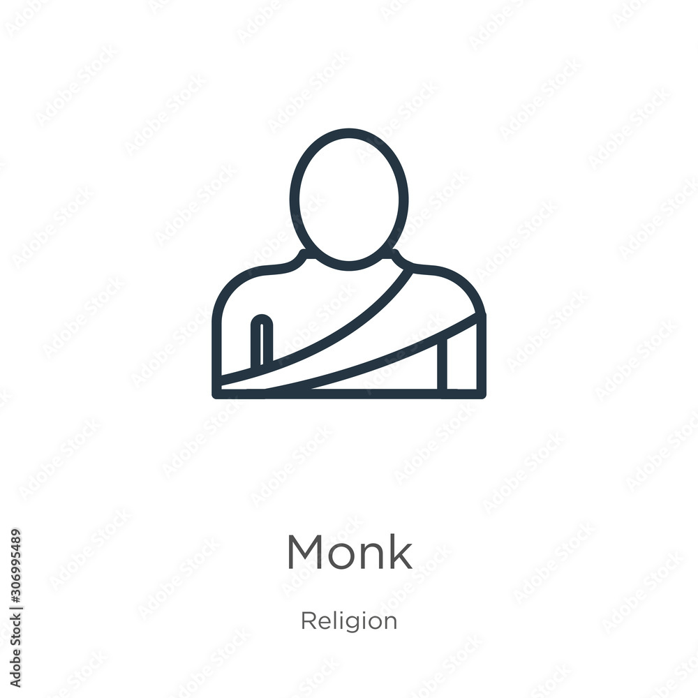 Monk icon. Thin linear monk outline icon isolated on white background from religion collection. Line vector monk sign, symbol for web and mobile