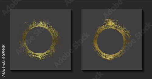 Round golden frames on a grey background. Luxury vintage border, Circle label, logo design element. Hand drawn vector Illustration. Abstract gold brush stroke