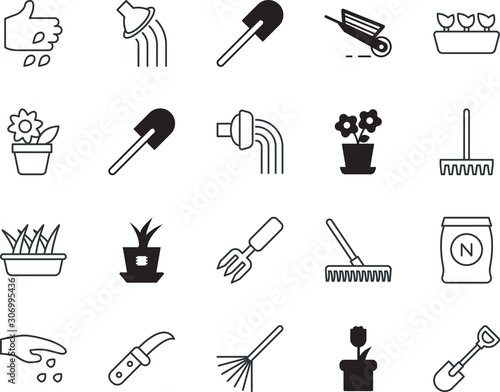 gardening vector icon set such as: botanic, network, digger, lightbulb, clean, cutter, connect, outside, wave, knife, beautiful, fertilizer, cutout, cartoon, pitchfork, small, industry, website