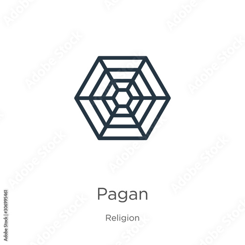 Pagan icon. Thin linear pagan outline icon isolated on white background from religion collection. Line vector pagan sign, symbol for web and mobile