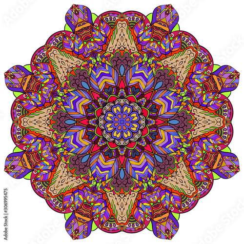 Mandala, tracery wheel mehndi design. Ethnic ornament, colorful doodle symmetry texture. Folk traditional spiritual tribal design. Curved shape, isolated on white. Color art. Vector