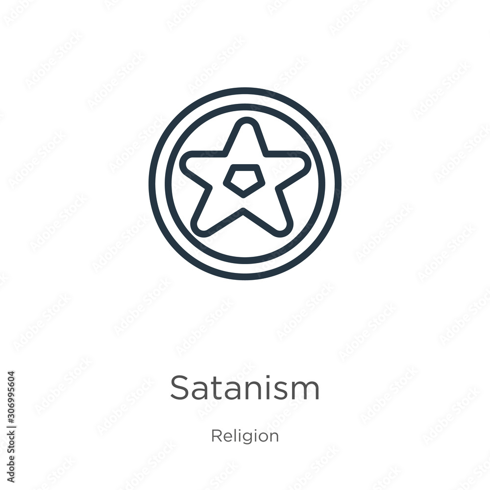 Satanism icon. Thin linear satanism outline icon isolated on white background from religion collection. Line vector satanism sign, symbol for web and mobile Satanism icon. Thin linear satanism outline icon isolated on white background from religion collection. Line vector satanism sign, symbol for web and mobile